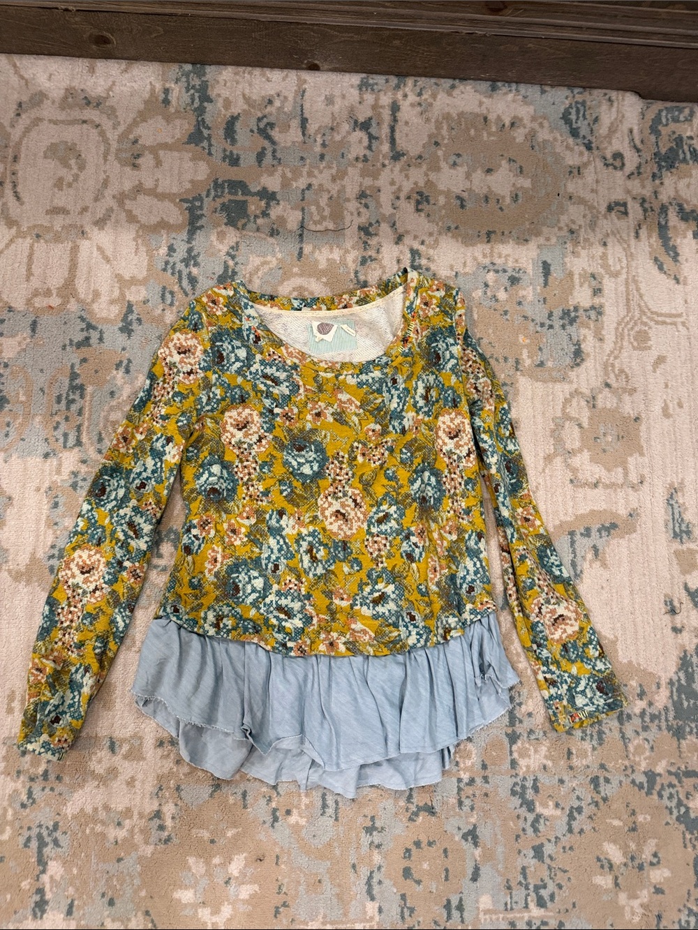 Anthropologie Floral Ruffle-Hem Long Sleeve Top - Mustard & Blue